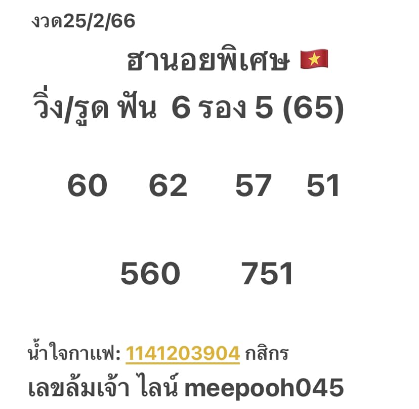 แนวทางหวยฮานอย 25/2/66 ชุดที่1
