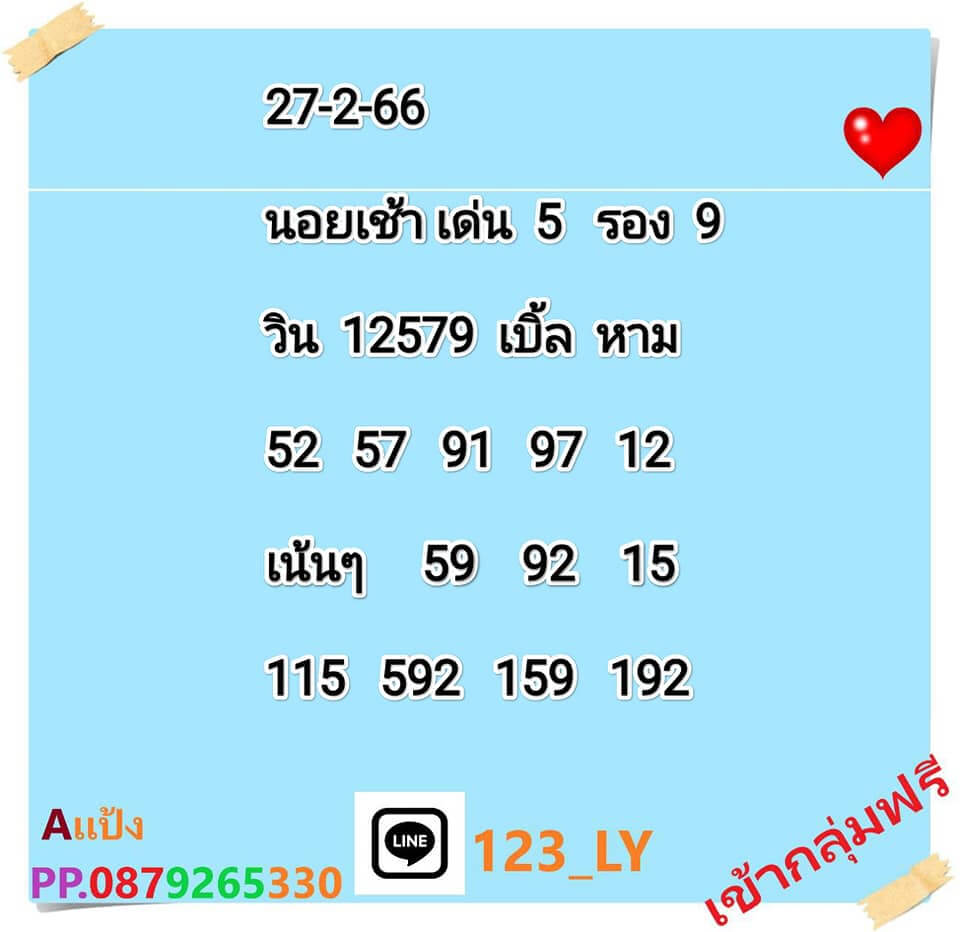 แนวทางหวยฮานอย 27/2/66 ชุดที่5