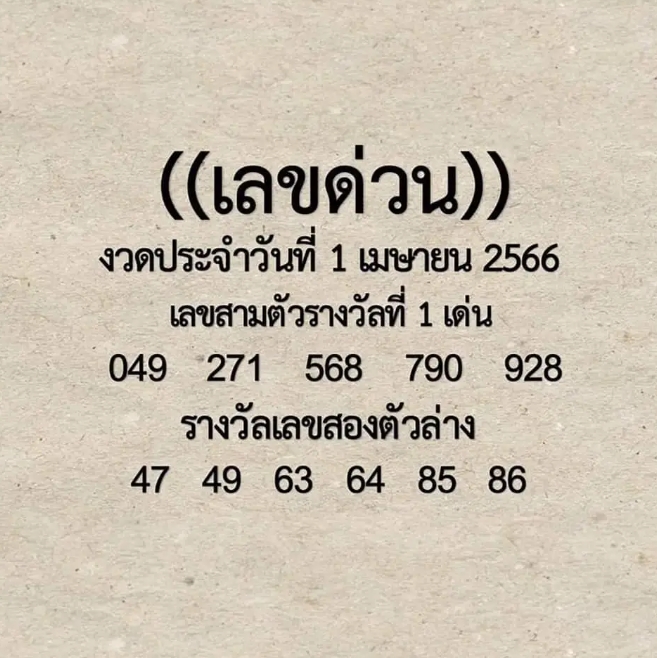 เลขด่วน หวยงวดนี้ 1 เมษายน 2566