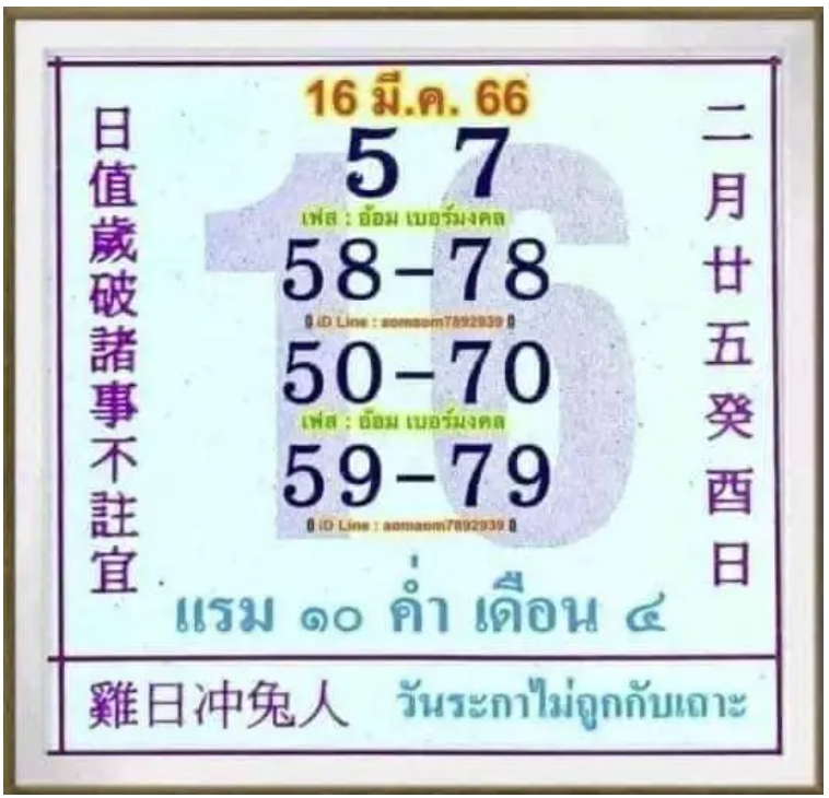 เลขเด็ดปฏิทินจีน งวดวันที่ 16 มีนาคม 2566