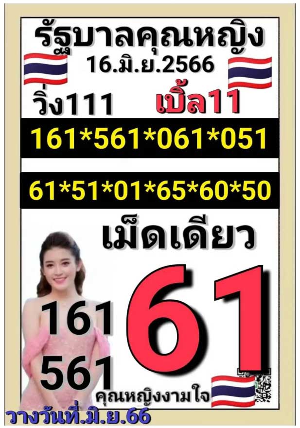 หวยคุณหญิงงามใจ 16 มิถุนายน 2566