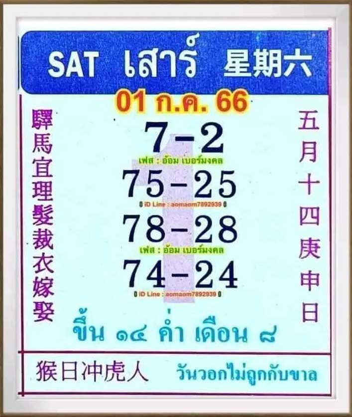 หวยปฏิทินจีน 1 กรกฎาคม 2566