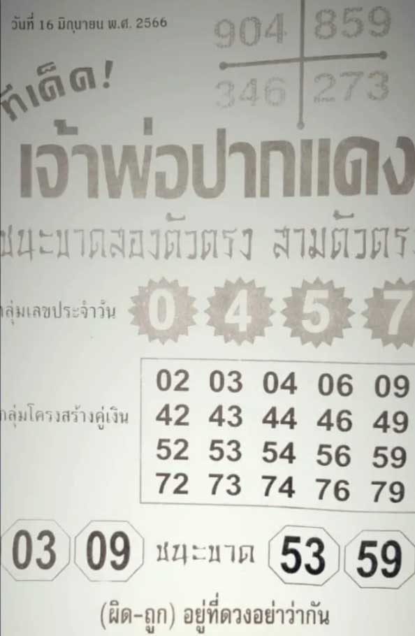 หวยเจ้าพ่อปากแดง 16 มิถุนายน 2566