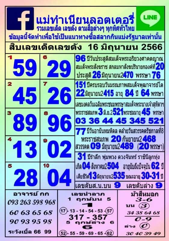 หวยแม่ทำเนียน 16 มิถุนายน 2566