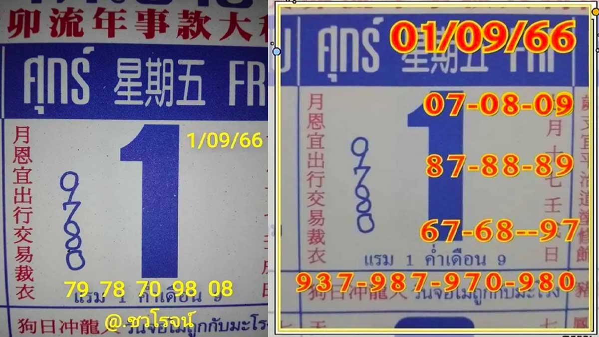 หวยปฏิทินจีน งวด 1 กันยายน 2566