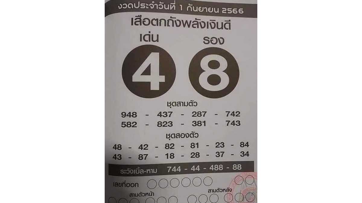 เสือตกถังพลังเงินดี งวดวันที่ 1 กันยายน 2566
