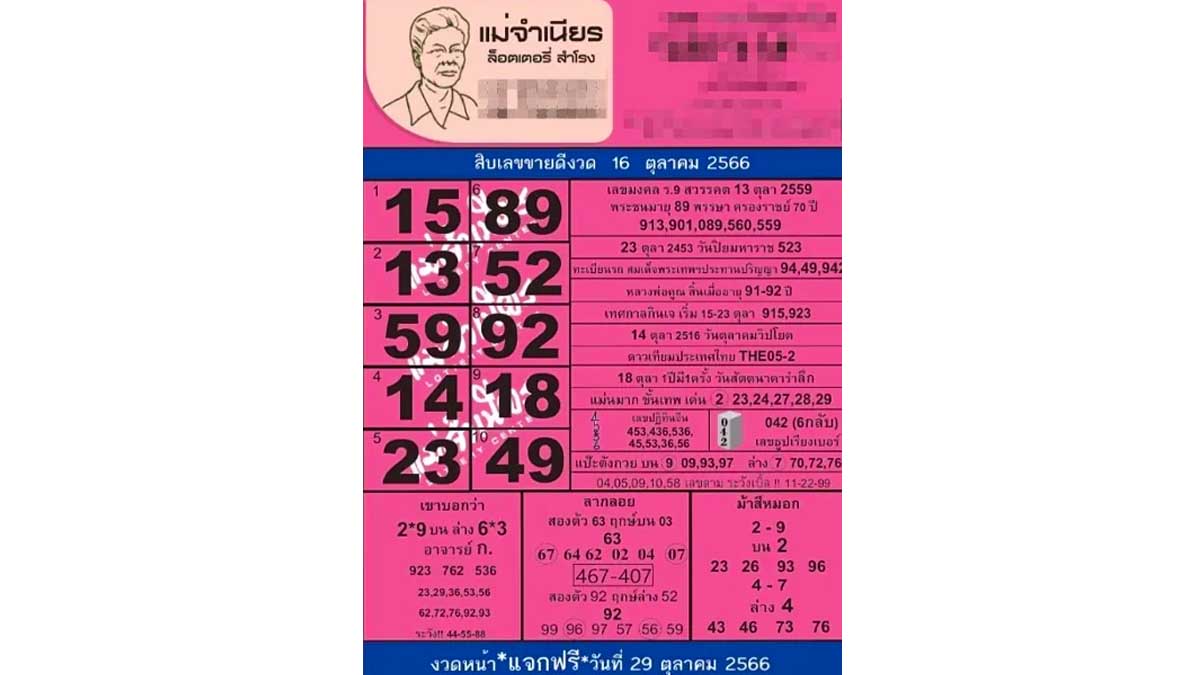 เลขเด็ดแม่จำเนียร งวด 16 ตุลาคม 2566