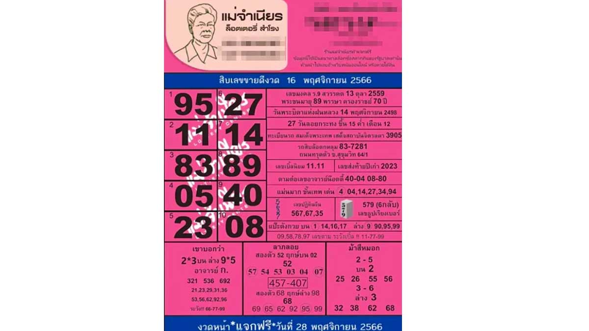 10 เลขเด็ดแม่จำเนียร งวด 16 พฤศจิกายน 2566
