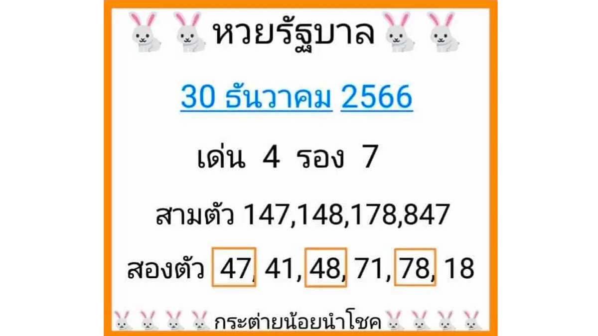หวยกระต่ายน้อยนำโชค งวด 30 ธ.ค. 66