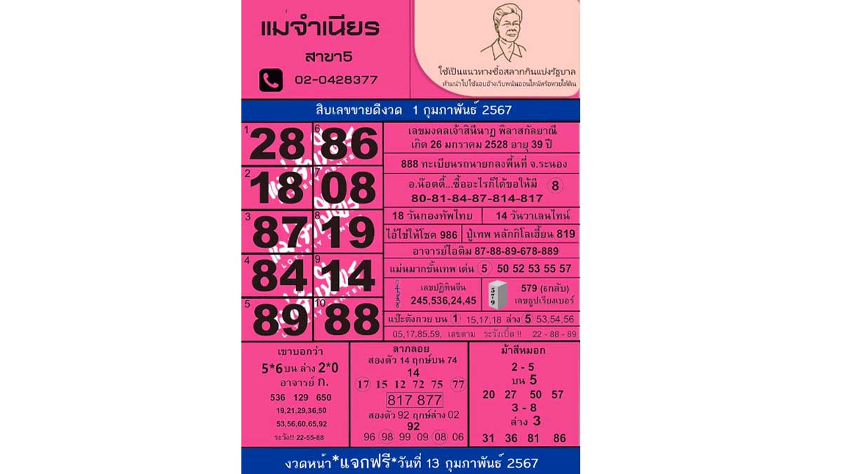 10 เลขขายดีแม่จําเนียร งวด 1 กุมภาพันธ์ 2567