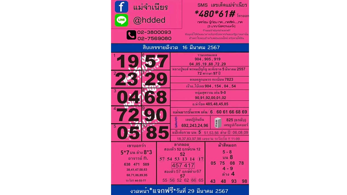 10 เลขเด็ดหวยแม่จำเนียรงวด 16 มีนาคม 2567