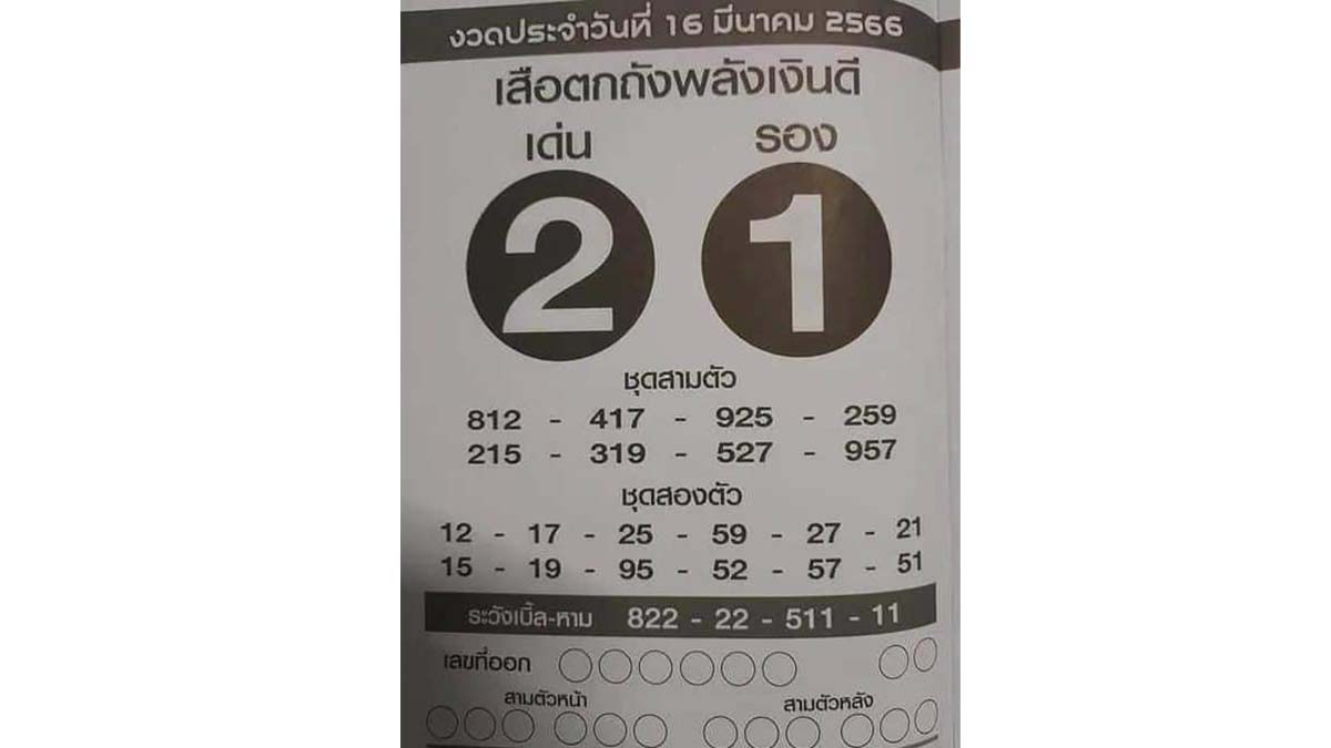 เสือตกถังพลังเงินดี งวด 16 มีนาคม 2567