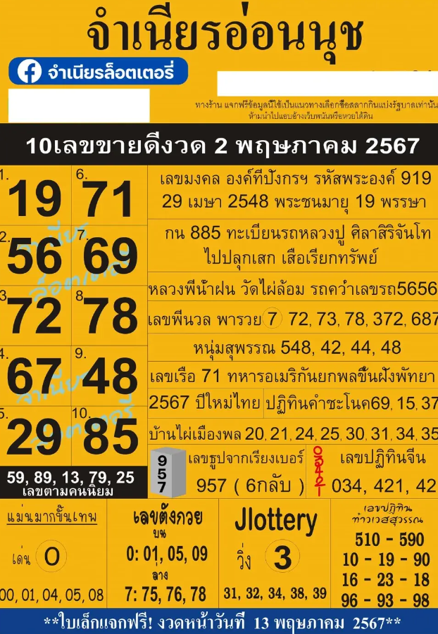 10 เลขเด็ดจำเนียรอ่อนนุชงวด 2 พฤษภาคม 2567