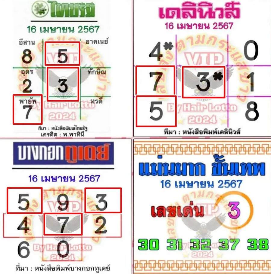 เลขดังหนังสือพิมพ์ง งวด 16 เมษายน 2567
