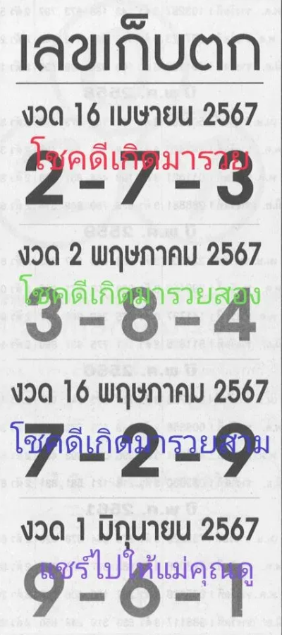 เลขเก็บตก งวด 16 เมษายน 2567