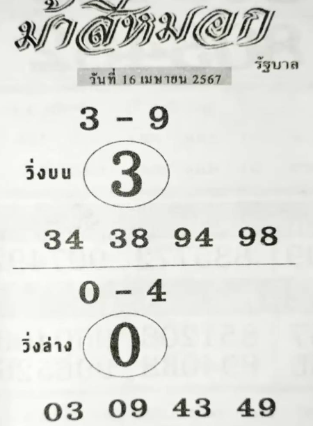 เลขเด็ดม้าสีหมอก งวด 16 เมษายน 2567