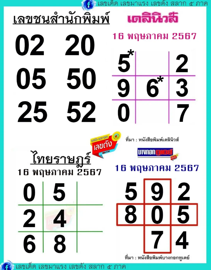 เลขเด็ด 3 สำนักพิมพ์ งวด 16 พฤษภาคม 2567