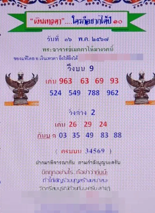 เลขเด็ดเงินเทวดา งวด 16 พฤษภาคม 2567