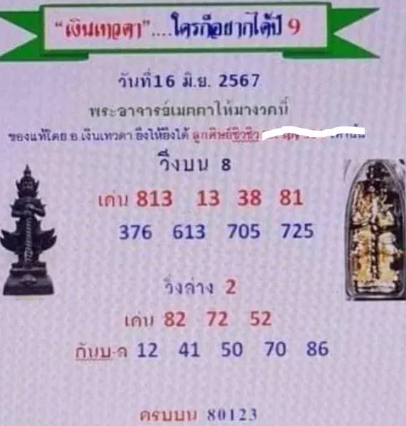 เลขเด็ดเงินเทวดา งวด 16 มิถุนายน 2567